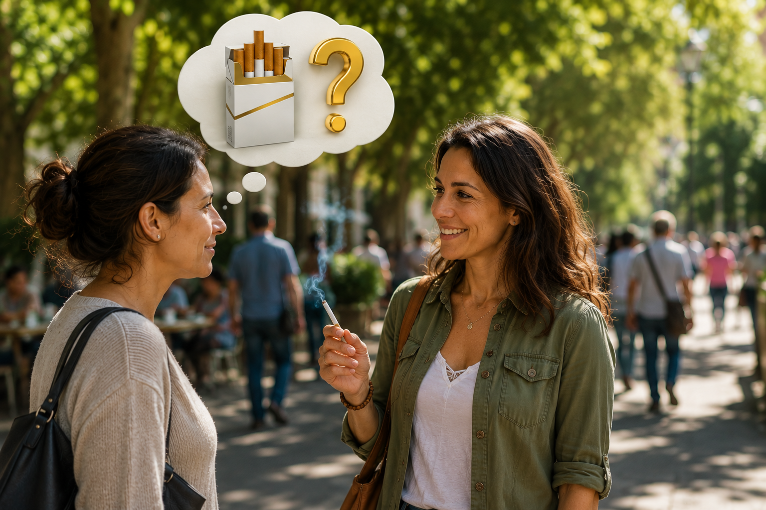Fumante contextual: mulher hesita se compra cigarros ao encontrar uma amiga, exemplo de gatilho social do desejo de fumar, Dr. Humberto Pallares