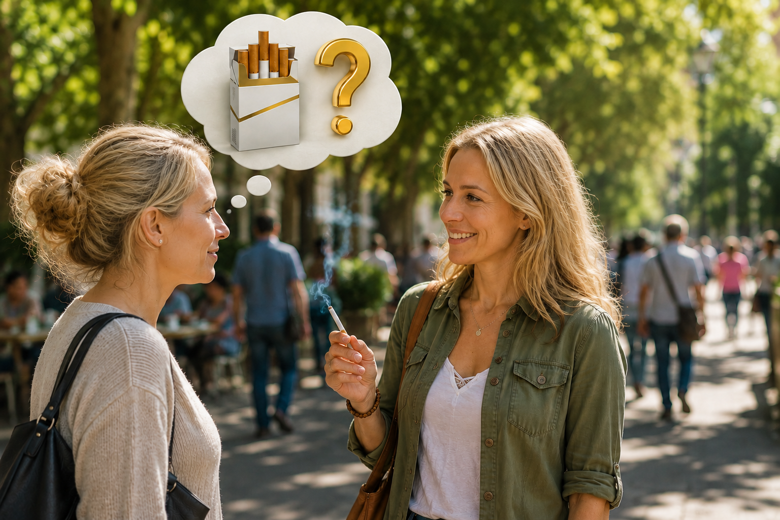 Kontextuell rökare: en kvinna tvekar om hon ska köpa cigaretter när hon träffar en vän, exempel på en social utlösare för röksug, Dr. Humberto Pallares - stopcigarros.com Dr. Humberto Pallares