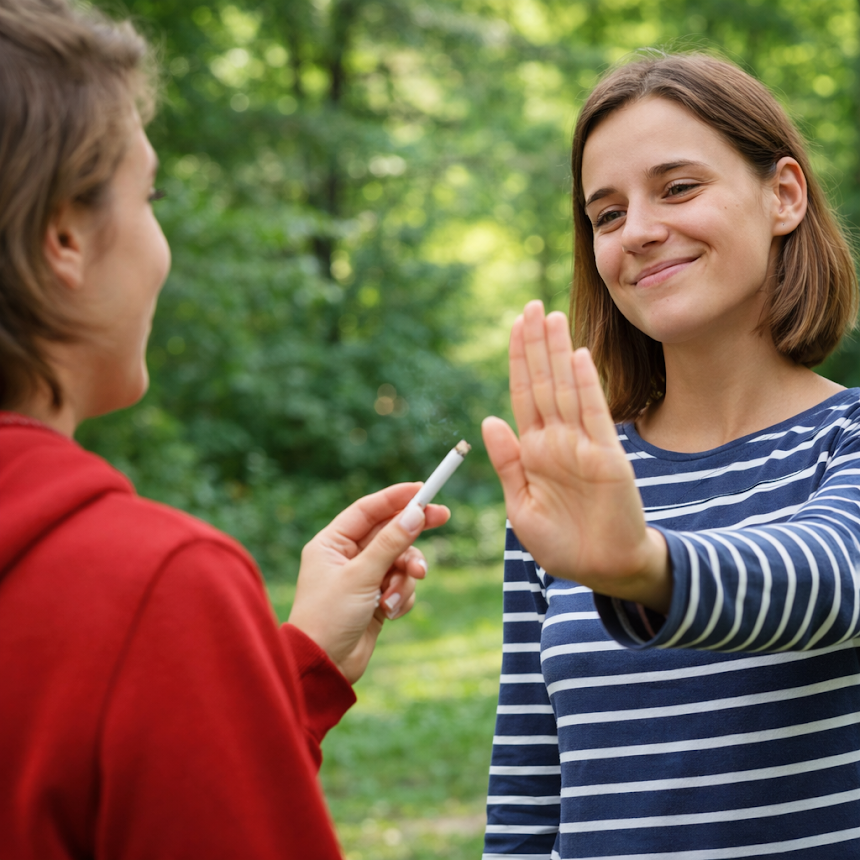 Ein Mann lehnt höflich eine Zigarette ab und schützt seine Entscheidung, mit dem Rauchen aufzuhören - stopcigarros.com Dr. Humberto Pallares