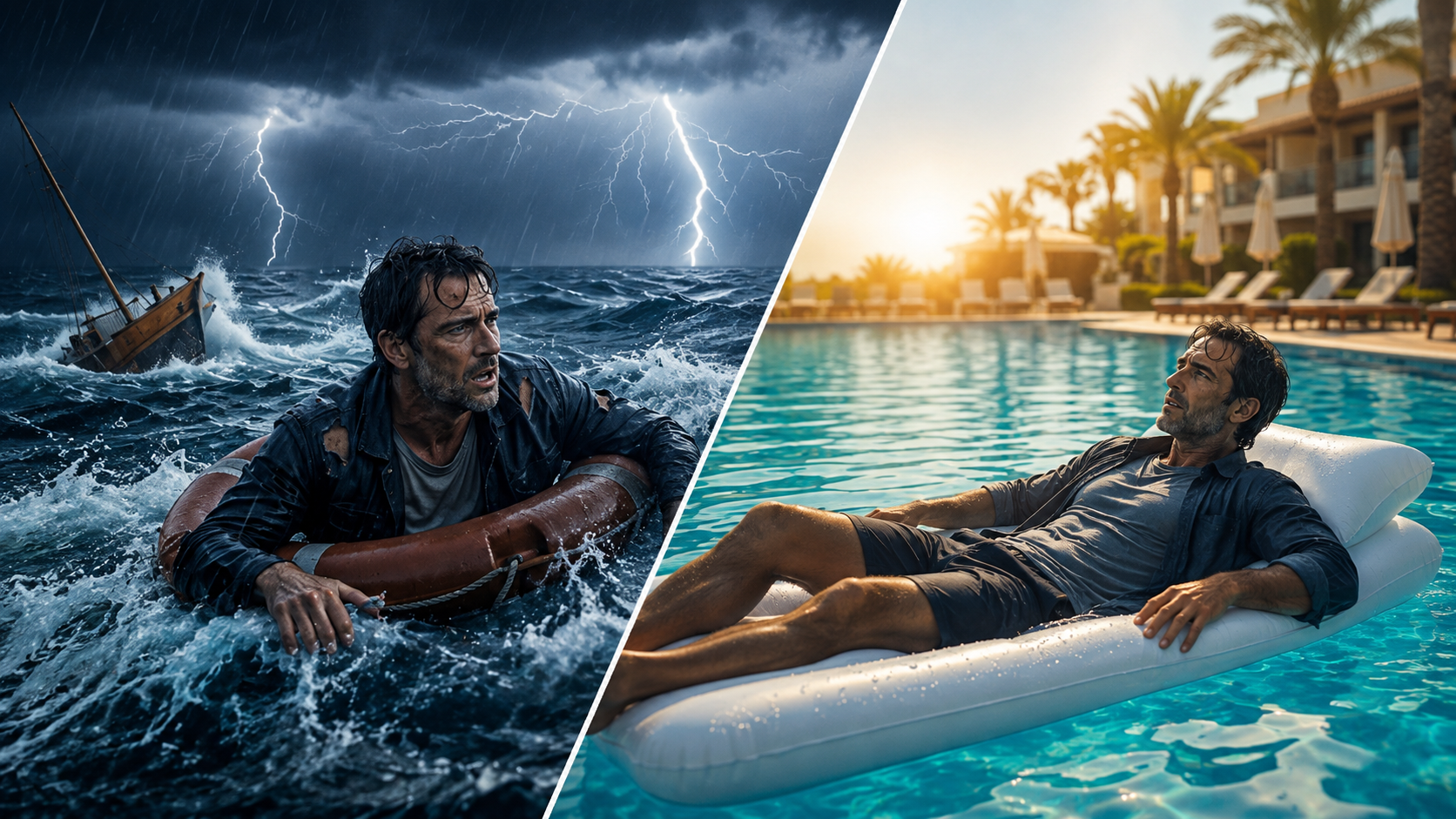 Till vänster en man som kämpar i en storm, till höger samma man avslappnad vid en pool, en metafor för rätt tillfälle att sluta röka - stopcigarros.com Dr. Humberto Pallares